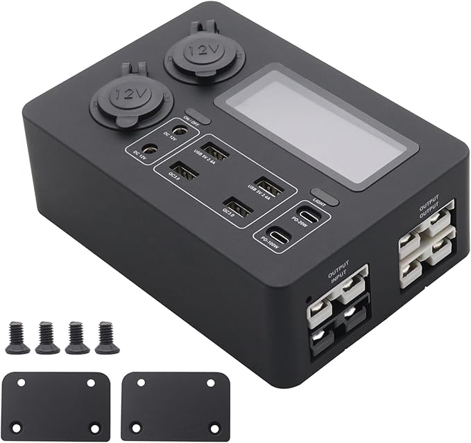 fangzi Mini Power BoxMini Power Box 12V 100W LCD Display Power Box with LED Lights USB-C &amp QC3.0 Ports Portable Control Hub for RVs SUVs Boats Yachts Cars