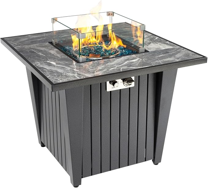 32'' Propane Fire Pit Table Marble Tile Ceramic Tabletop with Glass Wind Guard 50000 BTU Fire Table with Inclined Leg and Art Powder Design Blue Glass Rocks Including Lid&ampCover Grey