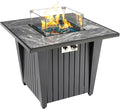 32'' Propane Fire Pit Table Marble Tile Ceramic Tabletop with Glass Wind Guard 50000 BTU Fire Table with Inclined Leg and Art Powder Design Blue Glass Rocks Including Lid&ampCover Grey