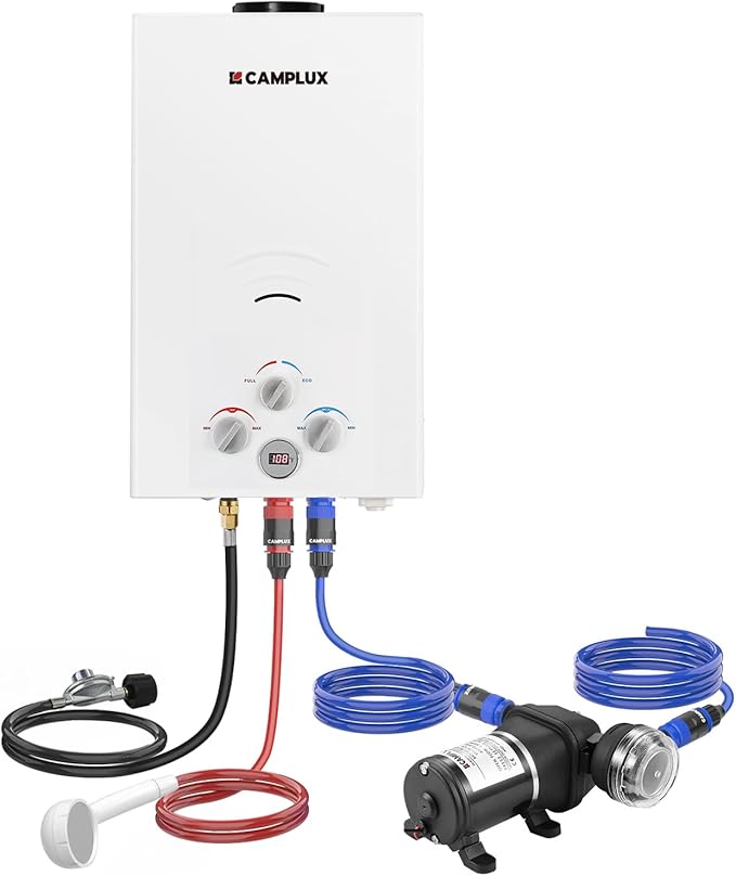 CAMPLUX Portable Propane Water Heater - 2.64GPM 3.3GPM Pump &amp Pipe Strainer 68000 BTU for Camping &amp Off-Grid Cabins