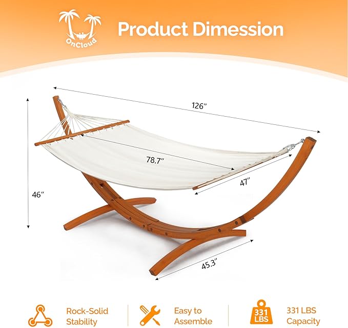 ONCLOUD Hammock Wood Arc Stand with Double Hammock Hammock with Stand for Outside Natural Wooden Stand 330LBS (10.5 ft)