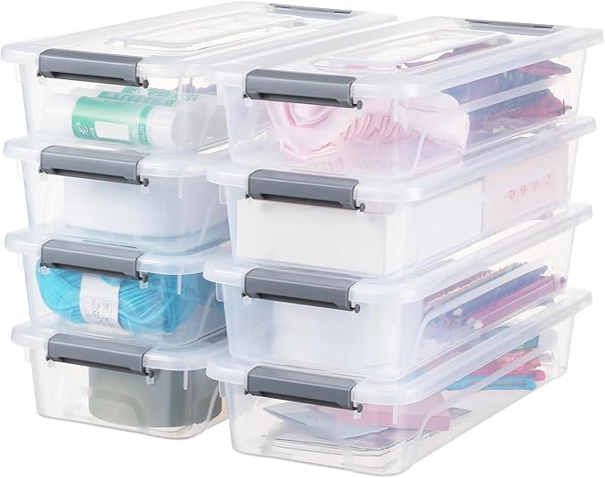 Plastic Storage Bin with Lid Stackable Design Clip Box for Crafts Supplies and Office Items Container (8 Pack 4 Quart)
