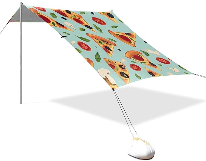 ALAZA Pizza Mushroom Tomato Pattern Beach Tent Sun Shelter Portable Canopy Sunshade for Outdoor Camping Picnics Backyard Fun 10x9 ft