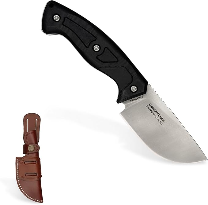 Extrema Ratio - Venatus S (Nitrogen Black Satin) Fixed Blade Knife Nitrogen Steel Satin Finish Full Tang Construction Walnut/G10 Handle Ambidextrous Leather Sheath