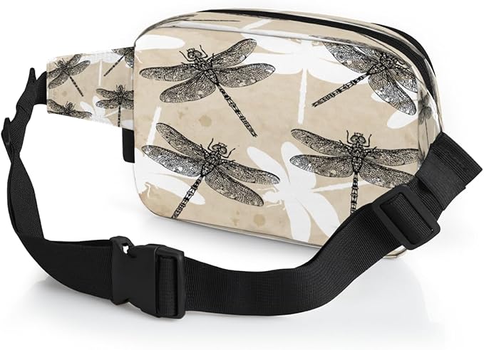 Hand Painted Abstract Dragonflies Waterproof Fanny Pack for Women Men Adjustable Waist Bag with Double Zipper Pockets Lightweight Square Hip Pack for Running Travel Hiking Workout Cycling