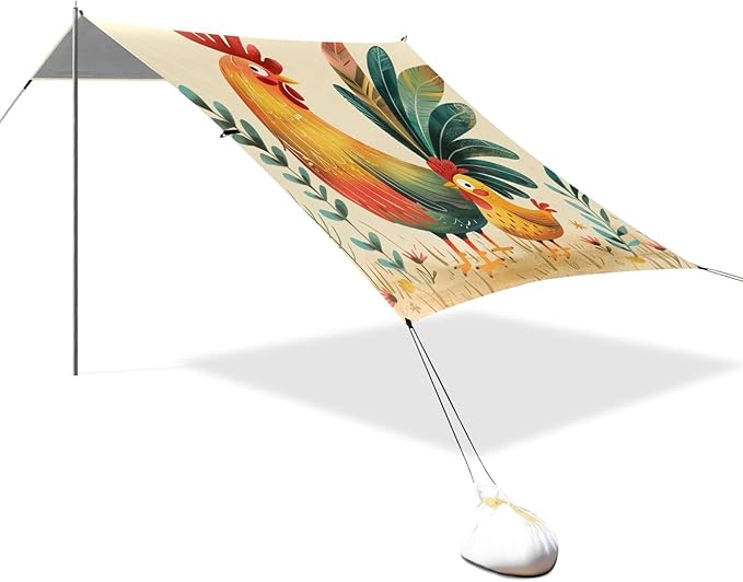 ALAZA Cute Rooster and Chicken Beach Tent Sun Shelter Portable Canopy Sunshade for Outdoor Camping Picnics Backyard Fun 10x9 ft