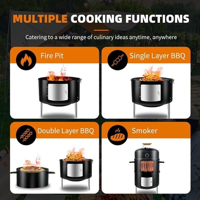 17-1/2 3-IN-1 Smoke grill Built in termometer Air Vent and Access Doors Multi-Layer Heavy duty Smoke BBQ with 3 wooden Handles heavy duty BBQ