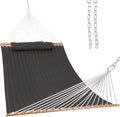 Lazy Daze Hammocks 12 FT Double Quilted Fabric Hammock with Spreader Bar and Detachable Pillow 2 Person Double for Outside Patio Poolside Backyard Beach 450lbs Capacity Gray