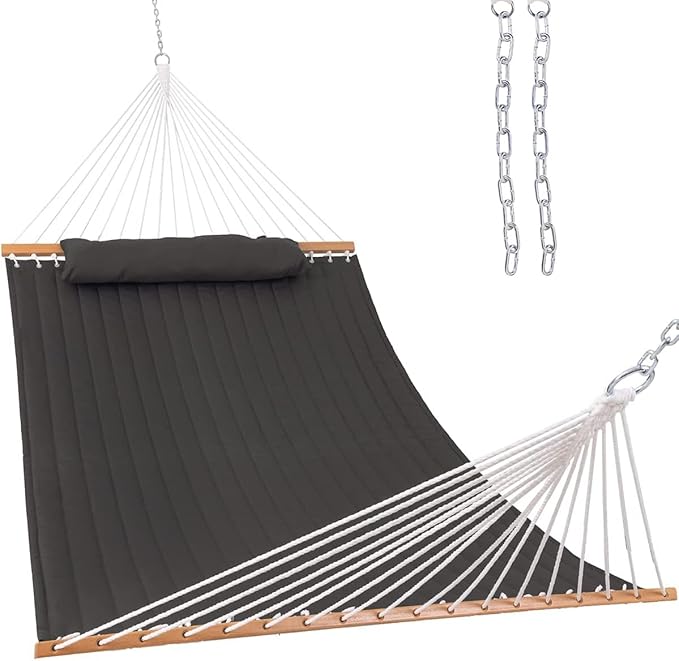 Lazy Daze Hammocks 12 FT Double Quilted Fabric Hammock with Spreader Bar and Detachable Pillow 2 Person Double for Outside Patio Poolside Backyard Beach 450lbs Capacity Gray