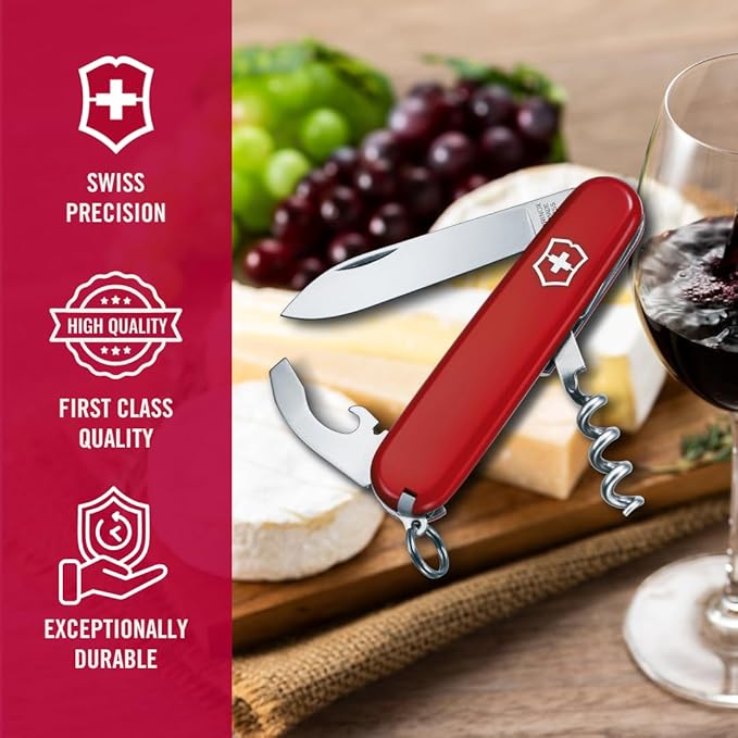 Victorinox Waiter Swiss Army Knife 9 Function Swiss Made Pocket Knife with Large Blade Corkscrew and Bottle Opener - Red