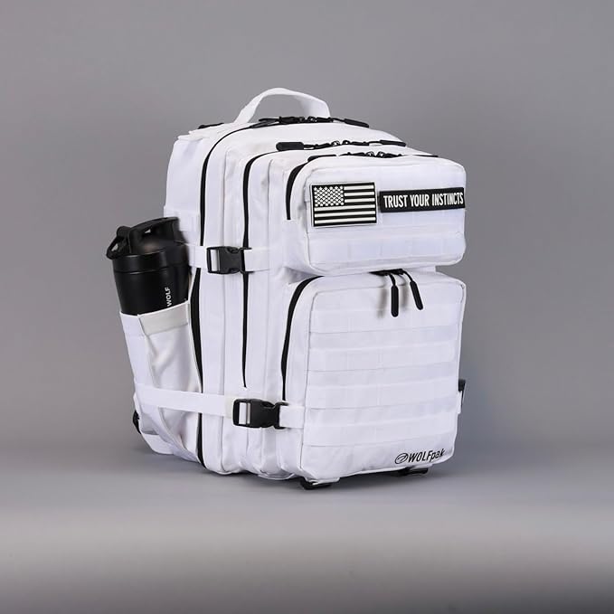 WOLFpak 35L Tactical Gym Backpack (Polar White) Durable 1000D Waterproof Oxford Material with MOLLE Webbing Laptop Pocket &amp Dual Cup Holders Durable Fitness/Travel/Military Daypack