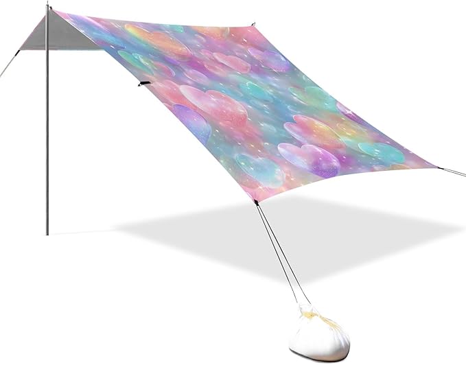 ALAZA Rainbow Heart Bubbles Unicorn Beach Tent Sun Shelter UPF50+ Protection Beach Shade Canopy w/ 4 Sandbags for Outdoor Camping Fishing Backyard Fun Picnic 10x9 ft