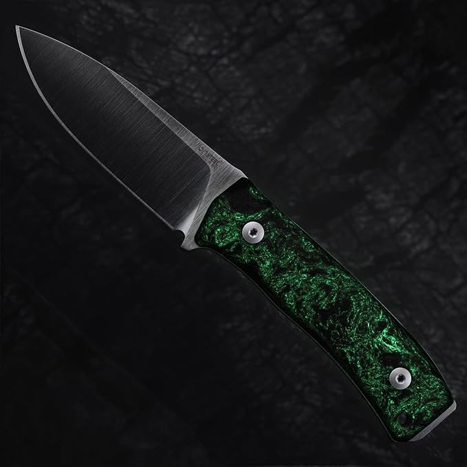 LionSTEEL M4 Fixed Blade FatCarbon Glow in the Dark Carbon Fiber Handle Scales Full Extended Tang Construction M390 Steel Blade Triple Stitched Leather Sheath KAVISO Exclusive