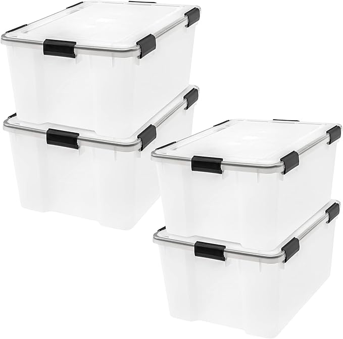 IRIS USA WeatherPro 63 Qt Storage Bins with Lids 4 Pack BPA-Free Plastic Gasket Box with Tight Latch and Seal Stackable Nestable Tote Tub - Clear/Black