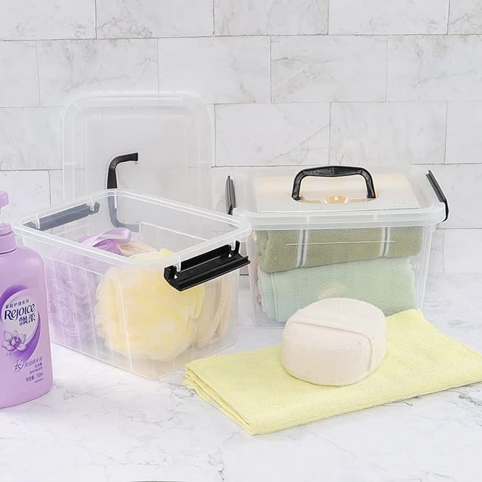 Ramddy 6 Quart Plastic Latching Storage Bin 4 Pack See Through Clear Container Box with Lid