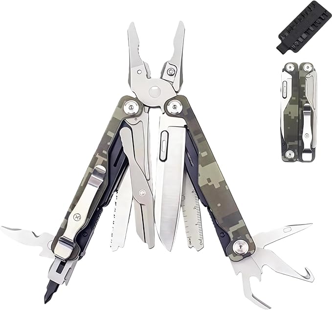 Multitool 20-in-1 Full-Size Multi-Purpose Pliers Lightweight EDC Tactical Gear With Safety Locking Camping Knives &amp Tools Gifts for Guys Gifts for Hunters Men who have Everything (Green Ca