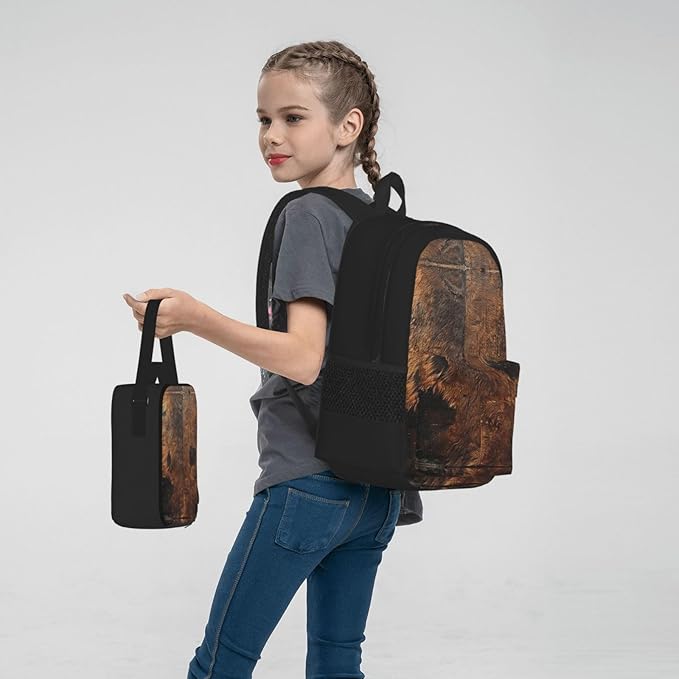 Brown Cowhide Art Backpack With Lunch Box 3 In 1 Set With Pencil Case Large Capacity Backpack With Chest Strap