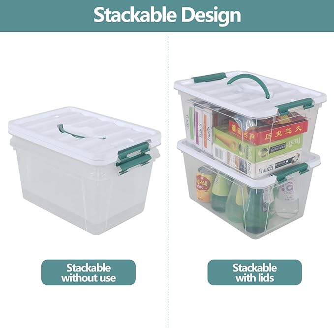 8-Pack 14 Quart Clear Organizing Container with Lid Plastic Latching Box with Handles