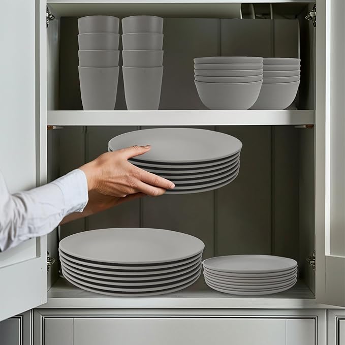 Wrova 40Pack plates and bowls sets for kitchen - Unbreakable wheat straw dinnerware sets service for 8 - Alternative plastic 40pcs dish sets for picniccamping and R.V. - (Grey)