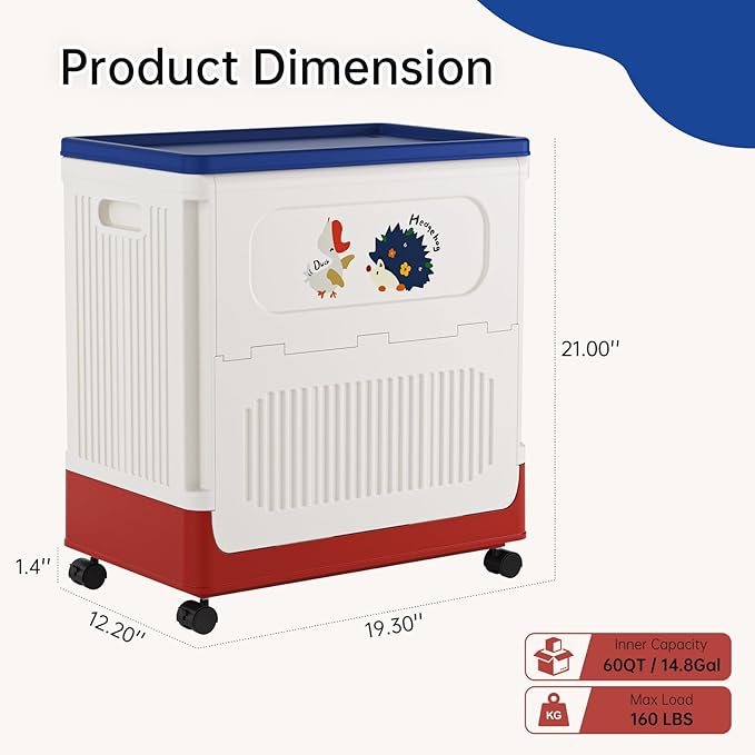 HAIXIN Storage Bin with Lid - 60 QT Plastic Storage Box with Wheels 14.8 Gal Flip-top Organizer for Clothes Large Toy Chest with Animal Stickers for Kids White Bin with Blue Lid and Red Base