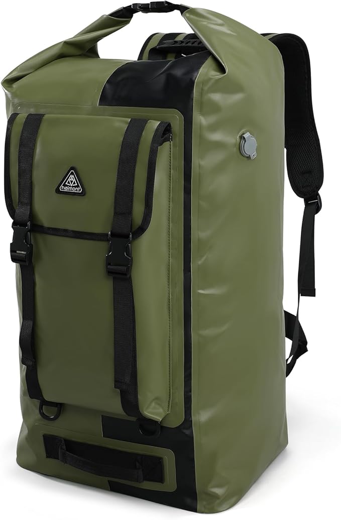 Haimont Dry Waterproof Roll Top Backpack Marine Dry Bag River Pack with Waist Belt Camping Surfing 60L Army Green/Black