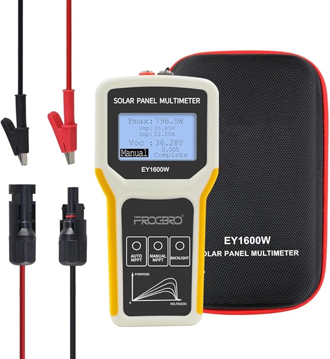 FrogBro Upgrade Solar Panel Tester Photovoltaic Multimeter Upgrade 1600W with Ultra Clear LCD Smart MPPT Open Circuit Voltage Troubleshooting Utility Tool for Solar PV Testing (LCD 1600W)