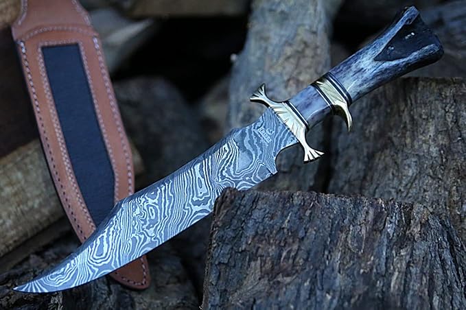 Noon Knives : Hand Made Damascus Steel Collectible Bowie Knife Handle Camel Bone (Black)