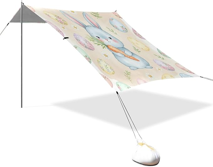 xigua Easter Bunny Beach Tent Sun Shelter with Carrying Bag - Silver Coated Oxford Fabric Beach Canopy for Beach Camping Fishing - Includes Windproof Ropes Sandbags &amp Stakes