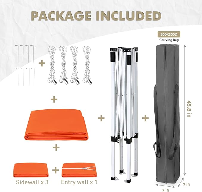 EAGLE PEAK 5x5 Instant Canopy with 4-Side Wall Panels Small Pop up Portable Canopy Tent with Carry Bag Light Weight Sun Shelter for Sports Camping and Beach Orange