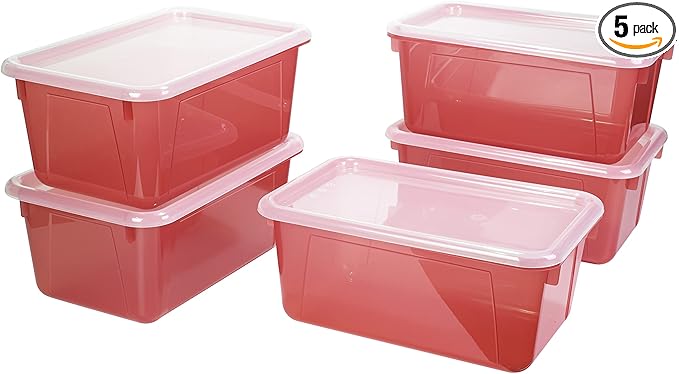 Storex Small Cubby Bins – Plastic Storage Containers for Classroom with Non-Snap Lid 12.2 x 7.8 x 5.1 inches Tint Red 5-Pack (62481A05C)