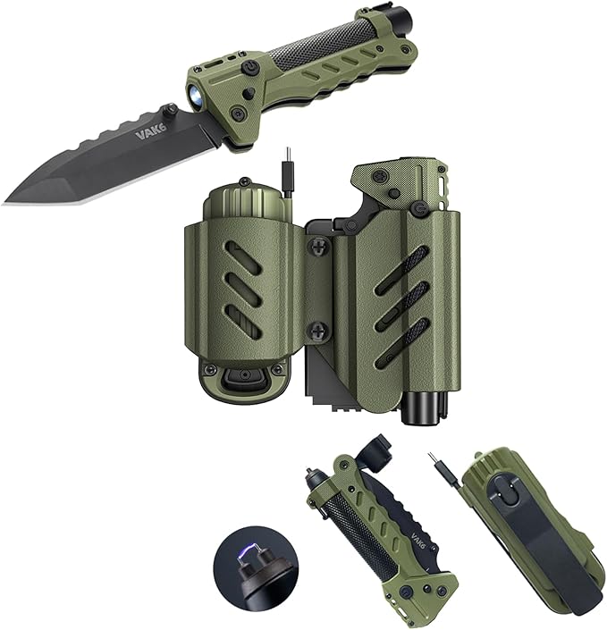 sayram Survival Multi Tool - 4-in-1 Tactical Knife Rechargeable Flashlight Pulse Arc Lighter Hand Crank Generator for Emergency Camping &amp Outdoor (Belt Sheath Included) (Green)