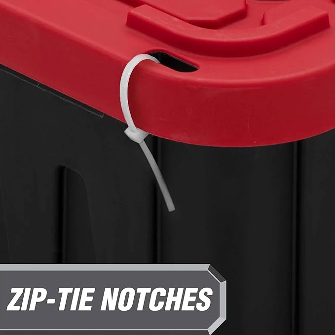 27 Gallon Industrial Storage Tote with Snap-On Lid Black and Red Plastic Bin 28.5 x 19.6 x 15.5 Inches 4 pack (4 red)