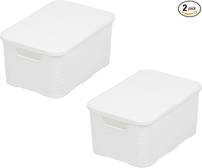 Basket with Lid in Rattan Design Set of 2 Size M 10 L BPA-Free Plastic PP White 32.3 x 22.5 x 15 cm Pack of 2