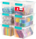 IRIS USA 4 Qt. Craft Storage Bins with Lids 6-Pack |Made in USA| Clip Box Small Plastic Sensory Bin Tote Organizer Containers for Art Supplies Paper &amp Office Stackable - Clear/Seafoam Blue