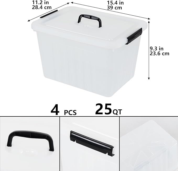 Zopnny 25 Quart Clear Storage Bin with Handle Plastic Storage Latch Box with Lid 4 Pack