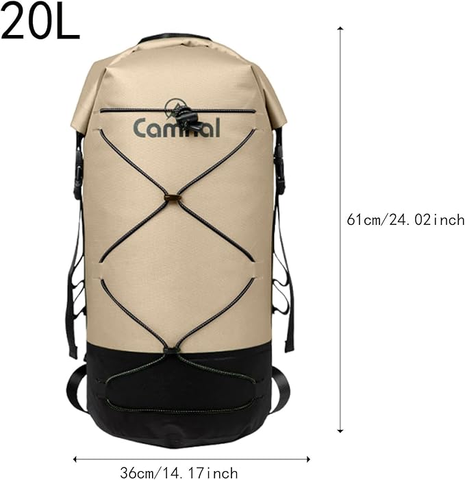 20L Waterproof Dry Backpack with Wet Dry Separation for Kayaking Boating Camping Hiking Snorkeling Outdoor Activities- Khaki