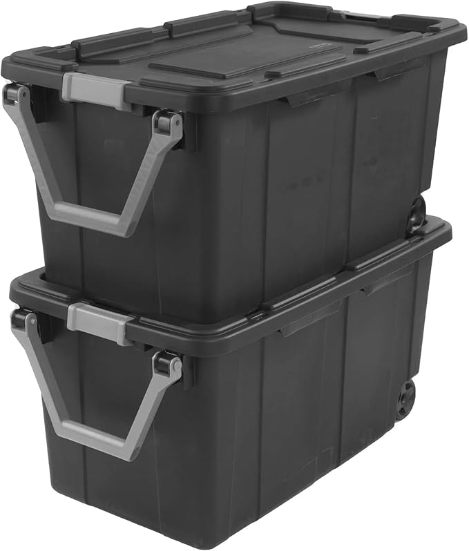 Modern Plastic &amp Metal 40 Gallon Lidded Home Storage Bins Stackable Industrial Storage Containers Tote Organizing Tote Tub Box with Wheeled Moving Boxes Set of 2 (Clear/Blue)