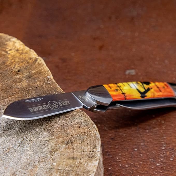 WHISKEY BENT HAT CO. Traditional Canoe Folding Knife 3.63 Closed Length 440C Stainless Steel Blades (Pump Jack Sunset)