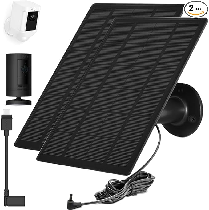 Ring Camera Solar Panel Compatible with Ri ng Stick Up/Pro Cam Battery Ring Spotlight Plus/Pro Battery Waterproof 5V6W 9.8 inch Long Charging Cable (2Pack) (Black)
