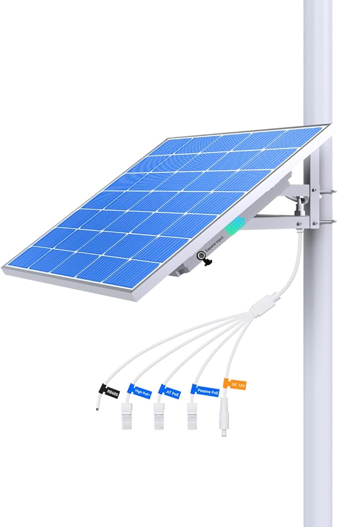 LINOVISION 100W 5-in-1 Smart Solar Power System 3 Ports PoE Built-in LiFePO4 Battery MPPT Charge Controller Remote Monitoring IP66 Waterproof Panel Pole Mount for Security Cameras &amp IoT Devi