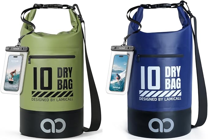 Lamicall 10L Dry Bag Waterproof Backpack - [Zippered Pocket] Roll Top Waterproof Bag Olive Green &amp Navy Blue