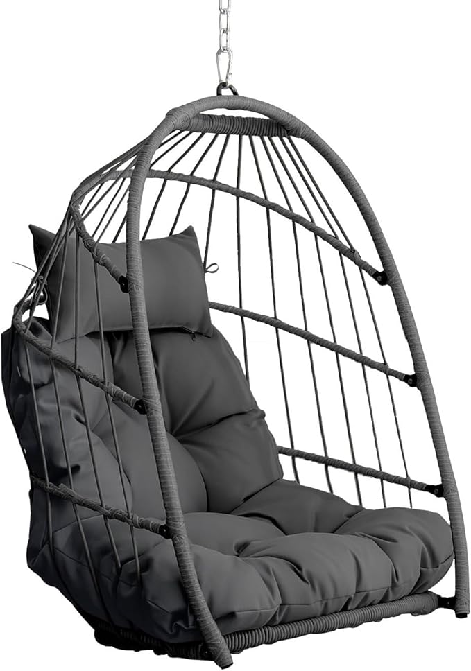Outdoor Garden Rattan Egg Swing Chair Hanging Chair PE Hanging Chair GrayGray+Gray