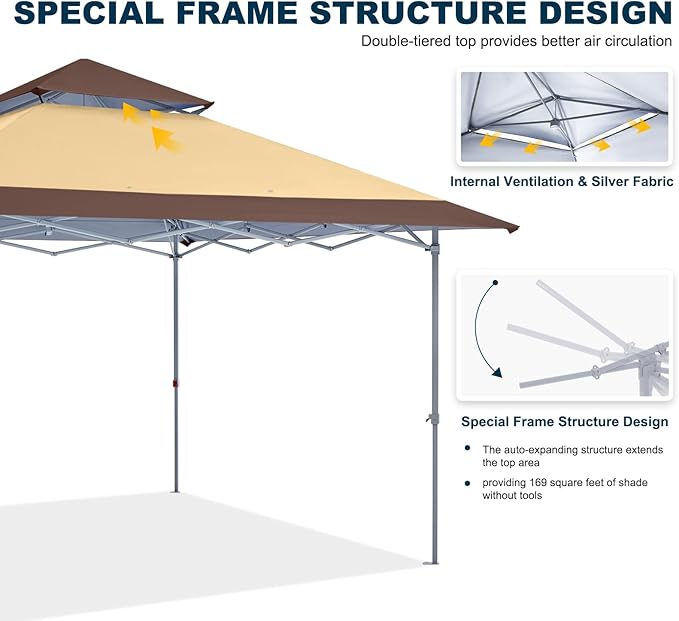 MASTERCANOPY 13x13 Pop-Up Canopy Tent Instant Shelter Outdoor Canopy with Wheeled Bag (Brown&ampKhaki)