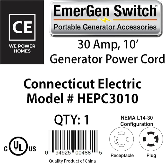 Connecticut Electric 10 Foot Generator Power Extension Cord 30 Amp 4 Prong NEMA L14-30P (Male) NEMA L14-30R (Female)