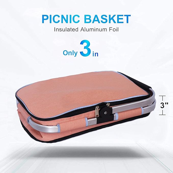 LIQING 35L Large Picnic Basket 2 Layers of Internal Pockets Leak-Proof and Insulated Folding with Internal Support for enhansed Stability Wedding Gifts for Couple(Salmon Color)