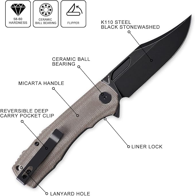 Petrified fish PFP03 Victor3.58 K110 Satin Blade140g Micarta Handel Flipper Liner lock Folding knife (Khaki Black Stonewashed)
