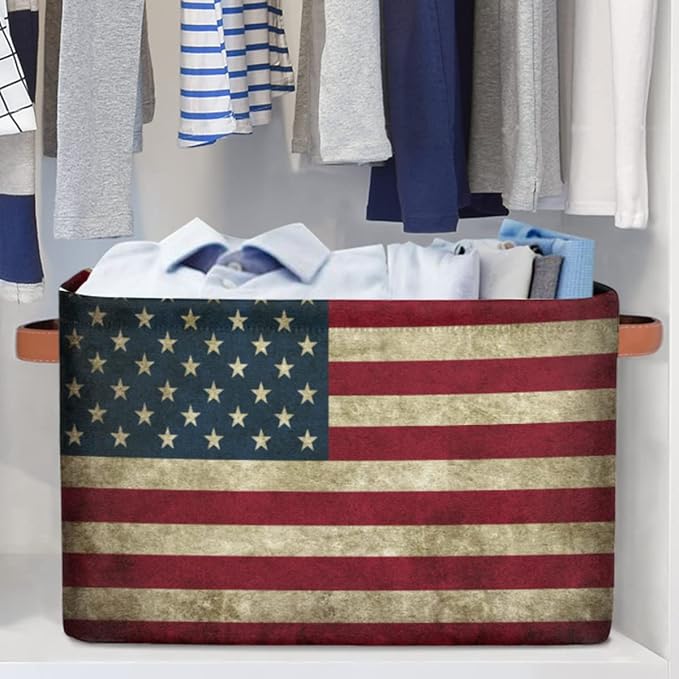 Pardick Storage Basket American USA Flag Large Foldable Organizer Storage Bins for Shelves Sturdy Canvas Cubes Storage Boxes with Handles for Toys Closet Nursery Office Living Room 15 x 11 x 9.5
