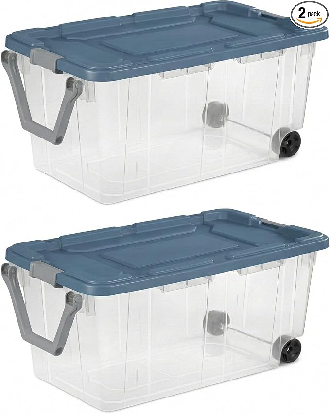 Storage Bins with Wheels 160 Quart 2 Pack Heavy Duty Clear Plastic Totes with Ergonomic Handle Non-Slip Latches Large Stackable Storage Containers for Home &amp Garage (Clear Blue)