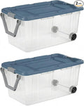Storage Bins with Wheels 160 Quart 2 Pack Heavy Duty Clear Plastic Totes with Ergonomic Handle Non-Slip Latches Large Stackable Storage Containers for Home &amp Garage (Clear Blue)