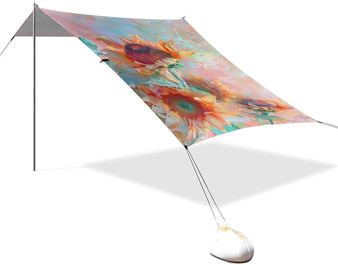 ALAZA Sunflower Bouquet Beach Tent Sun Shelter UPF50+ Protection Beach Shade Canopy w/ 4 Sandbags for Outdoor Camping Fishing Backyard Fun Picnic 10x9 ft